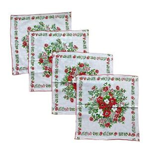 Vintage White Christmas Linen Napkins Poinsettia, Pinecones Floral Set 4 17x17”
